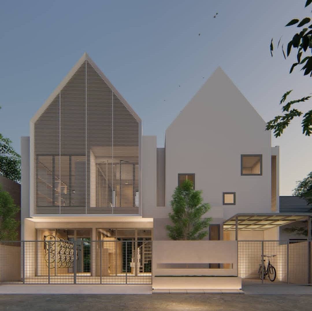 Desain fasad rumah dua lantai dengan atap pelana kembar dan kisi kayu