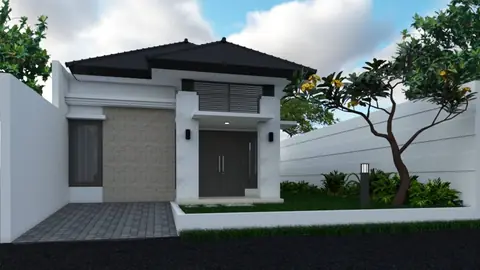 Rumah satu lantai beratap gelap dengan pohon kamboja, siang hari