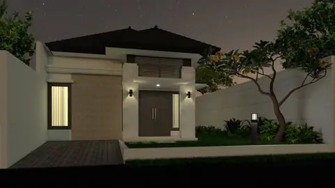 Rumah yang sama saat malam, lampu teras dan jendela menyala