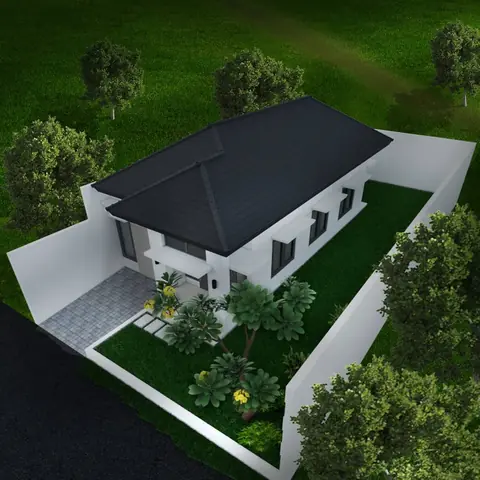 Rumah satu lantai dilihat dari atas, dengan halaman rumput dan tanaman