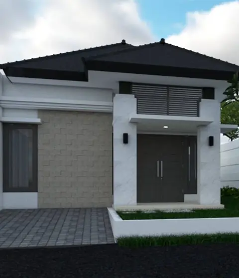 Rumah satu lantai beratap gelap dengan pohon kamboja di halaman